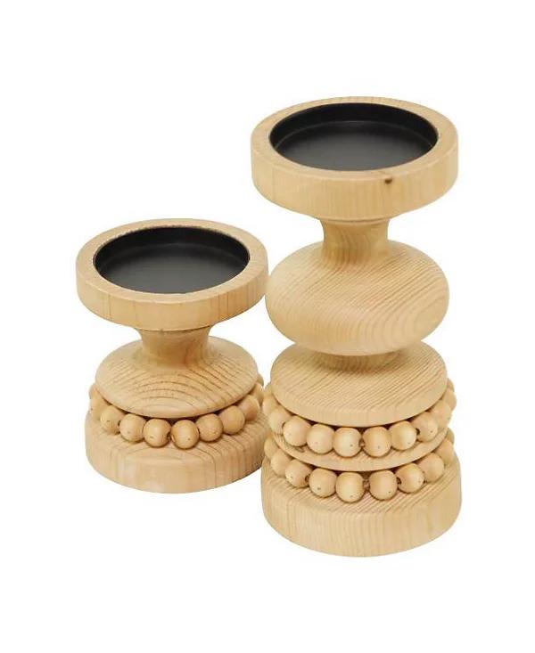 Wood Traditional 2 Piece Beaded Candle Holder Set