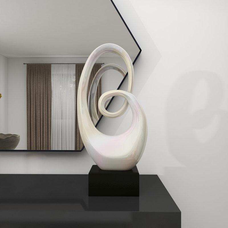 Ceramic Swirl Abstract Decorative White Sculpture with Black Base