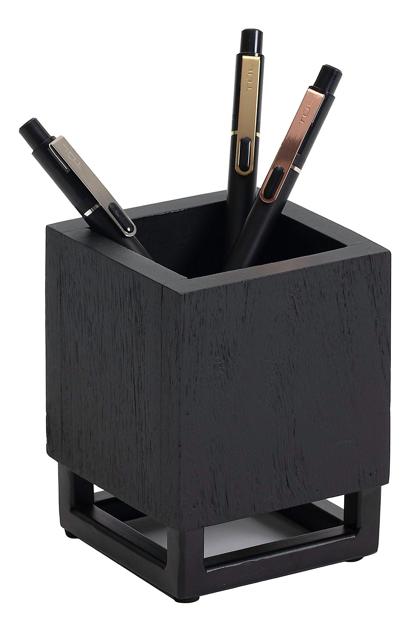 Realspace® Acadia Wood/Metal Pen Cup, 4-1/4"H x 3-1/4"W x 3-1/4"D, Black