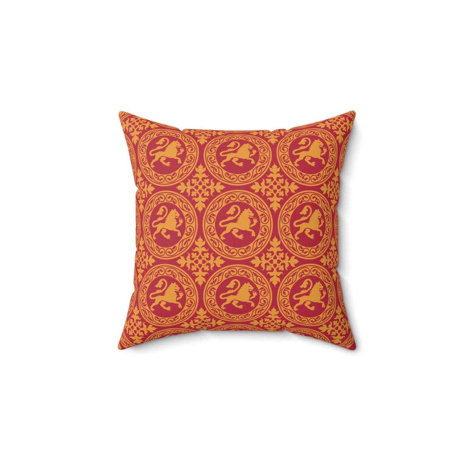 Pillow: Medieval Lion Geometric Heraldic Pattern Faux Suede Pillow, Red and Gold in 14"x14", 16"x16", 18"x18" or 20"x20"