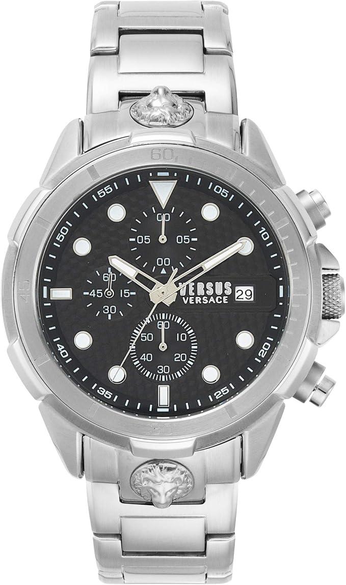 Versus Versace 6e Arrondissement Collection Luxury Mens Watch Timepiece with a Stainless Steel Bracelet featuring a Silver Case and Black Dial