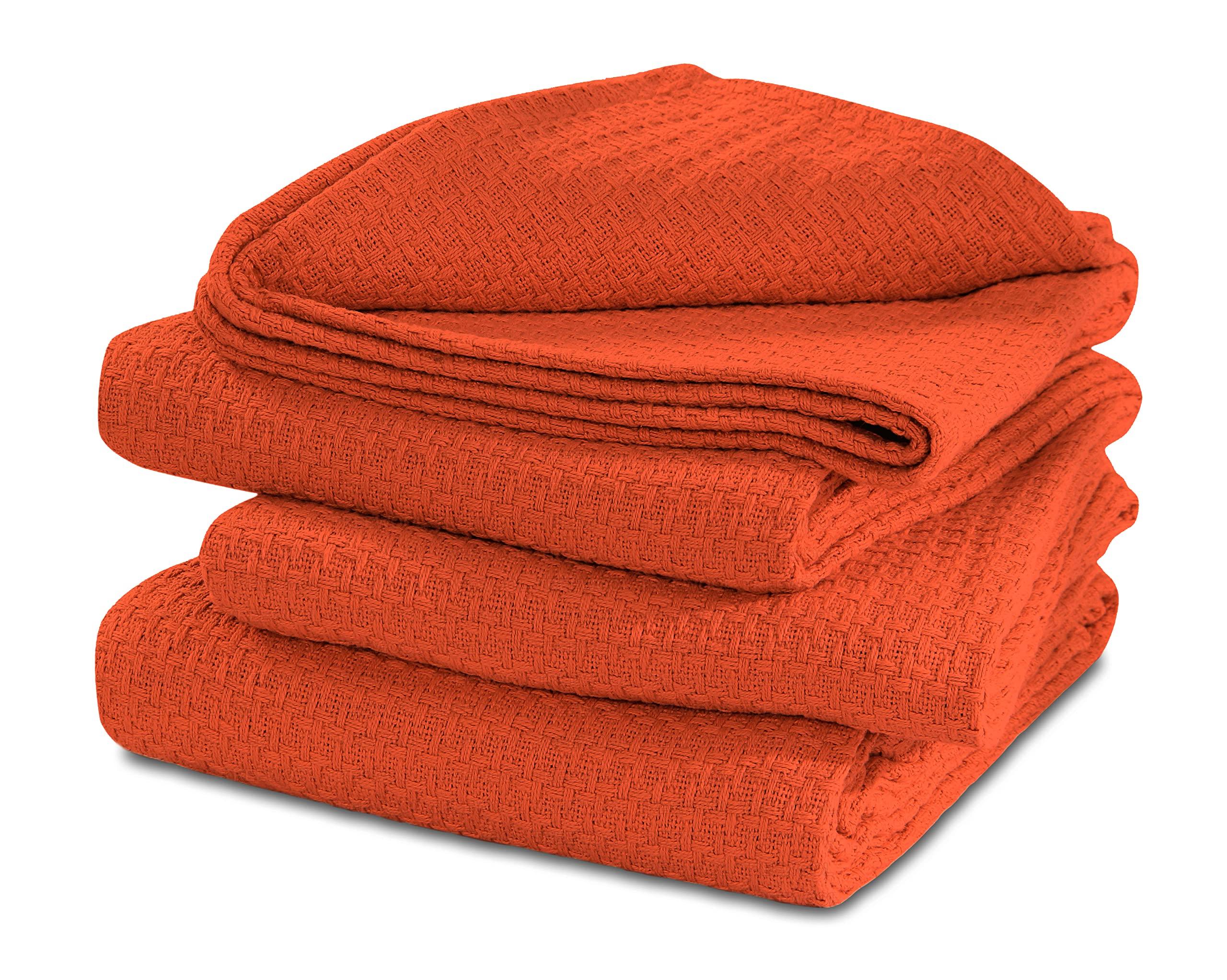 100% Cotton Basket Weave Thermal Bed Blanket Breathable Super Soft Layering All Season Light Weight for Home Decoration (Rust, Full/Queen)