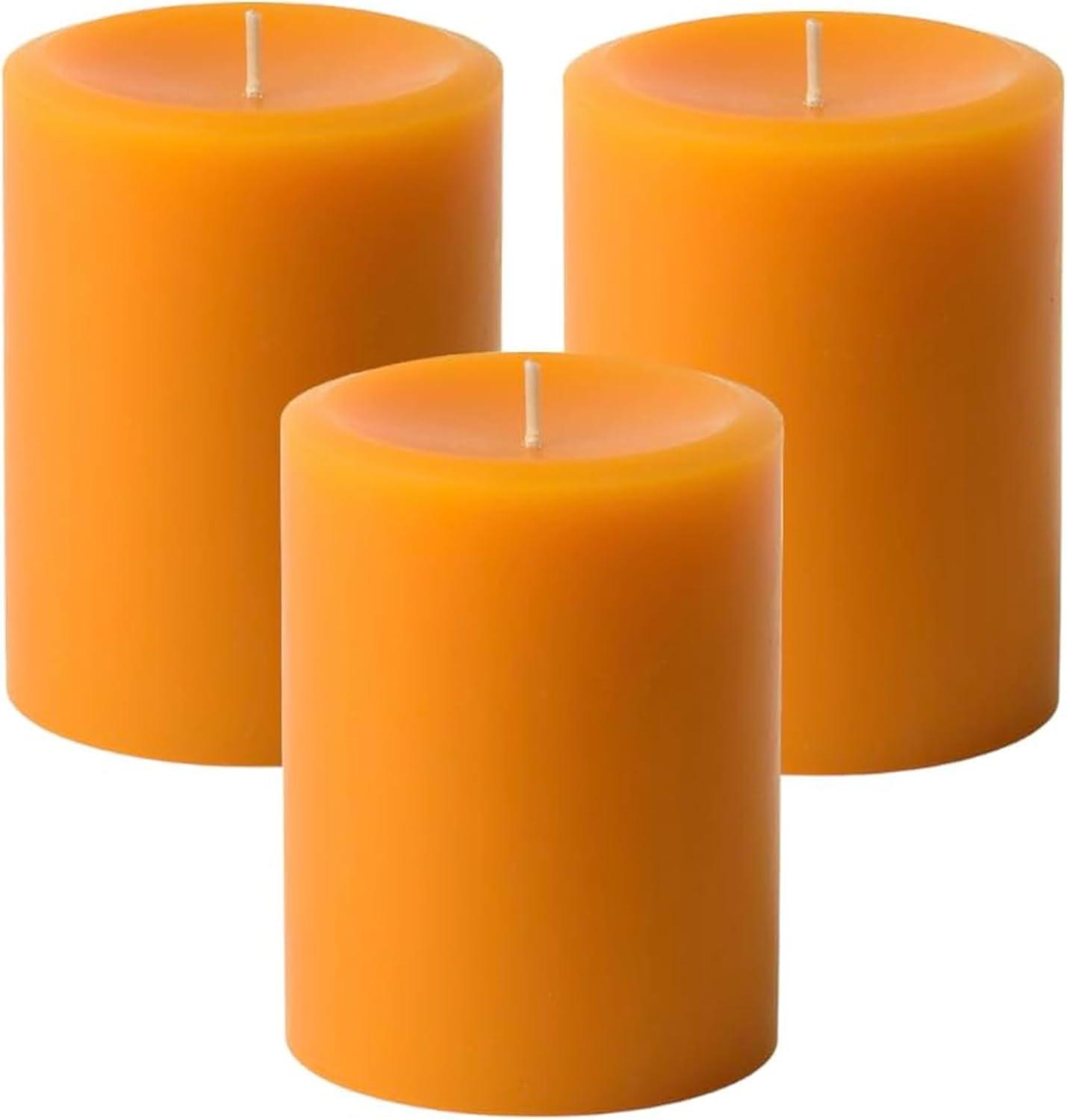 Mister Candle Dripless Unscented Orange Pillar Candles, Set of 3 Hand Poured Solid Color Non-Scented Candles for Home Decor, Premium Wax, 60 Hr Burn Time - 3x4 Inch, Orange
